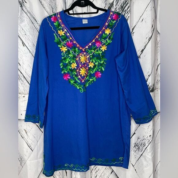 Laddi Embroidered Tunic Coverup Blue OS - Picture 1 of 7